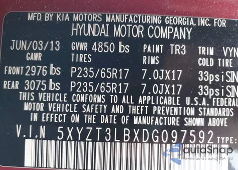 2013 Hyundai Santa Fe Sport z USA, uszkodzony, nr VIN 5XYZT3LBXDG097592